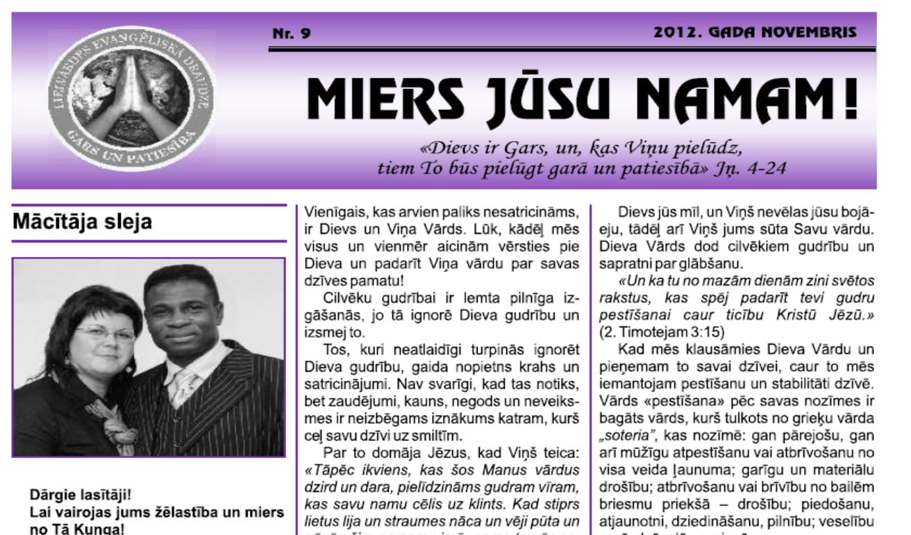 Draudzes avīze “Miers Jūsu namam” 2012. novembris